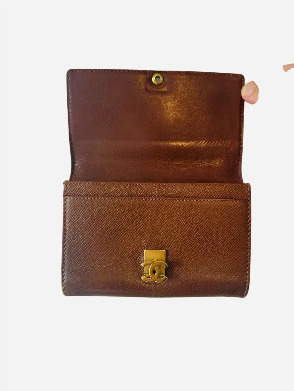 CHANEL Brown Leather Card Holder with Gold CC Twist Lock